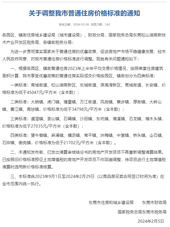 定了！东莞普通住房价格标准再调整！